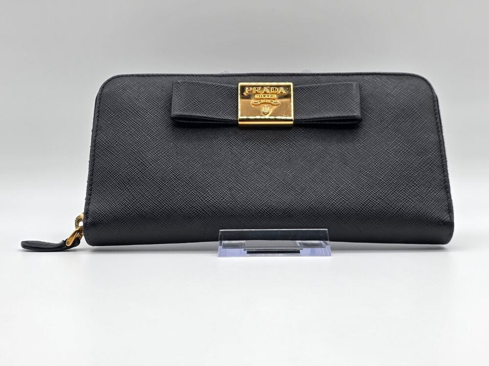 Prada Saffiano Fiocco Bow Zip Around Wallet Black Leather Gold Logo Italy